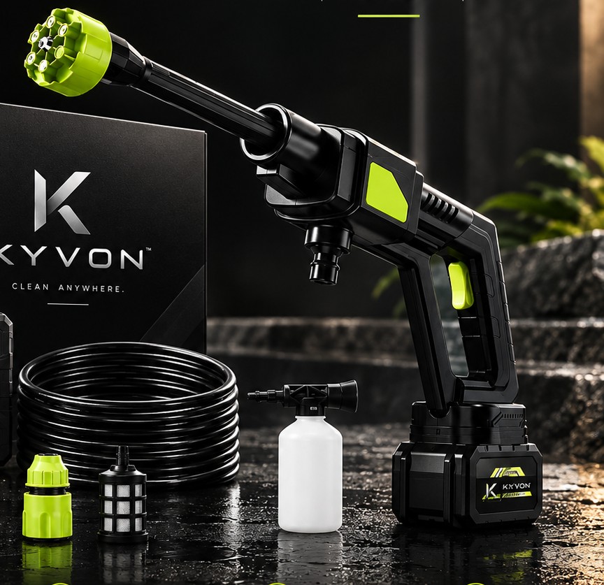 KYVON cordless pressure washer with its box, hose and foam bottle on a dark stone surface